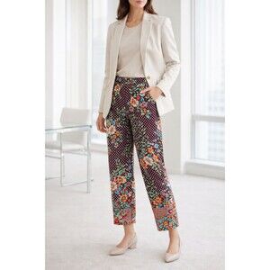 Chico’s Floral Print Pull-On Ankle Pants Burgundy Multicolor Stretch Pockets 12R